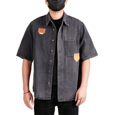 Nouveau Style Printemps Style Hong Kong Personnalisé Tendance Chemise en Jean Manches Courtes Chemise de Travail Rétro 3XL noir