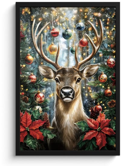 Poster in lijst - Fotolijst 40x60 cm - Posters - Kerstfeest - Dennenbos - Rood - Posterlijst zwart - Decoratie - Wanddecoratie woonkamer - Muurdecoratie slaapkamer - Kerstversiering - Kerstdecoratie voor binnen - Kerstmis