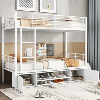 MODFU Etagenbed 90x200 cm – Wit Metaal met Ladder, Schoenopberging & Veiligheidshekken – EN747 Gecertificeerd – Ruimtebesparend Stapelbed voor Kinderkamer