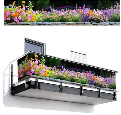 Balkonscherm 500x110 cm - Balkonposter Bloemen - Steenrand - Kleurrijk - Balkon scherm decoratie - Balkonschermen - Balkondoek zonnescherm