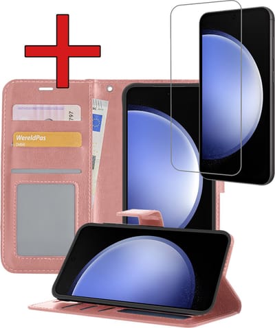 Hoesje - Met Screenprotector - Geschikt voor Samsung Galaxy S23 FE - Luxe Pasjeshouder - Flipcase - Bookcase Portemonee - Flip Case - Kunstleer Book Case - Book Cover - Walletcase - Portemonneehoes - Telefoonhoes - Rosé goud