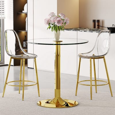 Barset - Ronde Glazen Bartafel Met 2 Transparante Barkrukken - Ruimtebesparend En Stabiel - Voor Keuken En Barhoek - Goud Transparant