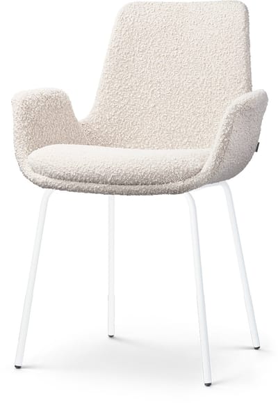 Nolon Nora-Eef Eetkamerstoel Bouclé Beige - met Armleuning - Stof - Wit Metalen Poten - Lage Armleuning - Modern - Design - Scandinavisch