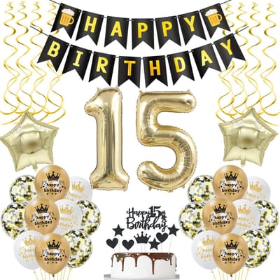 Dailygoods - Ballonnen 15e verjaardag decoratie zwart goud - Compleet feestpakket