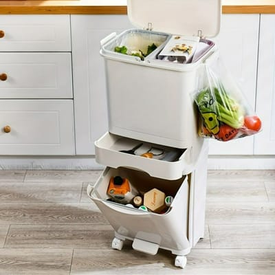 42L Prullenbak Afvalscheiding met deksel,selectieve sortering met verdeling of dubbele binnenbakken,Keuken - Vuilnisbak droge en natte scheiding,ruimtebesparende afvalcontainer voor keuken en badkamer.