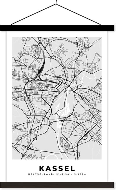Posterhanger incl. Poster 40x60 cm - Schoolplaat - Kassel - Kaart- Duitsland - Stadskaart - Plattegrond - Textielposter - Zwarte latten - Stadskaart