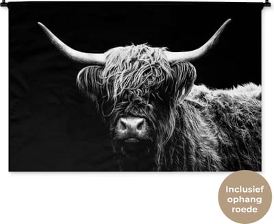 Wandkleed - Wanddoek - Schotse Hooglander - Koe - Zwart - Wit - Dieren - 150x100 cm - Wandtapijt