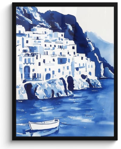 Poster in lijst - Fotolijst 50x70 cm - Posters - Dorp - Rotswand - Roeiboot - Water - Posterlijst zwart - Decoratie - Wanddecoratie woonkamer - Muurdecoratie slaapkamer