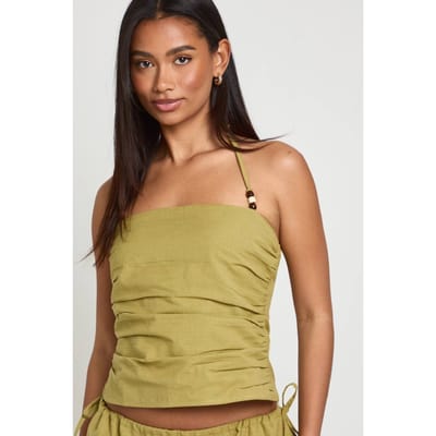 boohoo Dames Linnen-look Haltertop Met Kralendetail | Pistache | Maat: 34