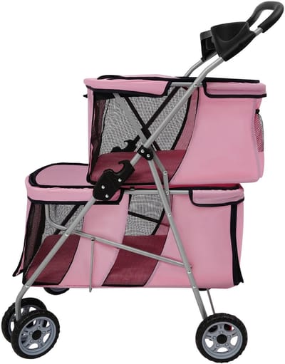 LUMÈ STORE Hondenbuggy - Kattenbuggy - Hondenwandelwagen - Hondenkar - Dubbeldek - Klein & Middelgroot - Opvouwbaar - Roze
