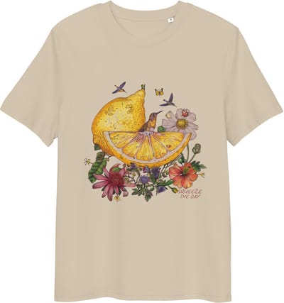 Dames Heren Tshirt met Citroen Bloemen Vogels Illustratie - Quote - Biologisch Katoen - Beige - S