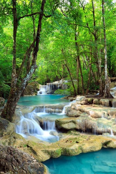 Grote Wandposter Natuur: Watervallen Kanchanaburi Thailand - Erawan Park Muziek