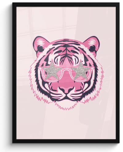 Poster in lijst - Fotolijst 50x70 cm - Posters - Tijger - Glitterzonnebril - Roze - Posterlijst zwart - Decoratie - Wanddecoratie woonkamer - Muurdecoratie slaapkamer