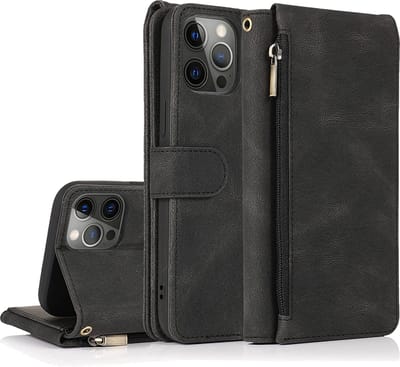 Casemania Hoesje Geschikt voor Apple iPhone 13 Pro - Zwart - Luxe Portemonnee Book Case met Rits & Extra Vakken