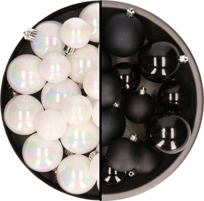 Kerstversiering kunststof kerstballen kleuren mix zwart/parelmoer wit 4-6-8 cm pakket van 68x stuks