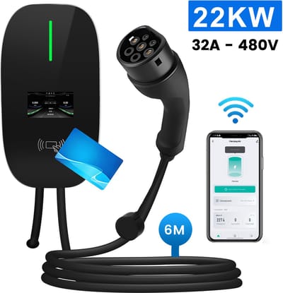 JUNSUN Laadpaal Thuis 22kW 32A 3-Fase Oplaadpunt- Type 2 Laadpaal met App/WiFi Bediening, 6M Kabel + RFID - 6A/8A/10A/13A/16A/20A/24A/32A Schakelbaar