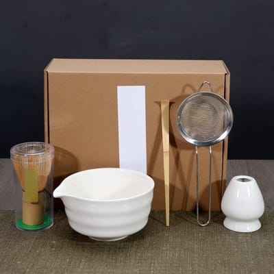 Matcha-klopperset - 5-delige Matcha-set - Inclusief Kom, Klopper, Bamboelepel, Lepelhouder En Zeef - Geschikt Voor Liefhebbers - Wit