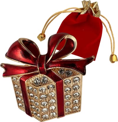Kerst Broche met Strass - Cadeautje goud met rode strik - Kerstbroche Sieraad