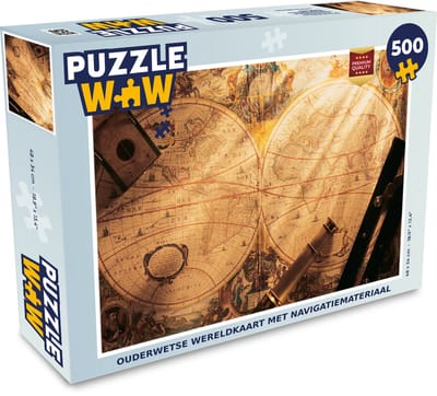 Puzzel Ouderwetse wereldkaart met navigatiemateriaal - Legpuzzel - Puzzel 500 stukjes