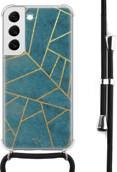 Hoesje met koord geschikt voor Samsung Galaxy S22 - Abstract blauw - Inclusief koord - Crossbody beschermhoes - Transparant, Blauw - Mooie Telefoonhoesjes
