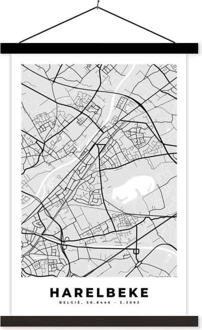 Posterhanger incl. Poster 40x60 cm - Schoolplaat - Plattegrond – Harelbeke – Zwart Wit – Stadskaart - Kaart - Textielposter - Zwarte latten - Stadskaart