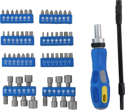 Kinzo Gereedschapset: Bitset/ Doppenset met Ratel - 14 Doppen - 42 Bits - o.a. Torx, Inbus en Kruiskop -  58 Stuks