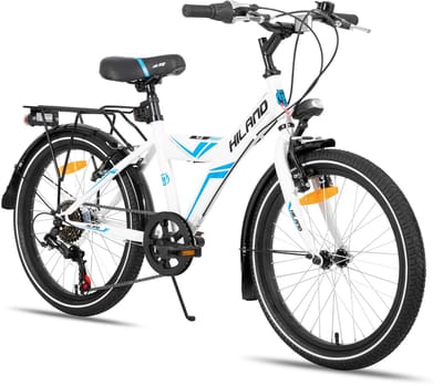 Hiland Kinderfiets - 20 Inch - Stadsfiets voor Jongens & Meisjes (6-11 Jaar) - 6 Versnellingen - Met Bagagedrager - Wit - Geschikt voor buitenactiviteiten in de lente