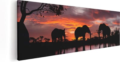 Artaza Canvas Schilderij Zonsondergang - 60x20 cm - Wanddecoratie Olifant - Muurdecoratie Afrikaans - Kamer Accessoires