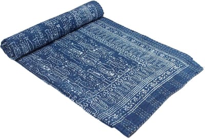 Kantha Katoen Vis Ontwerp Indigo Kleur Gooi Beddengoed Bedsprei Bohemian Gudari Bedcover Interieur Interieur Deken Quilt