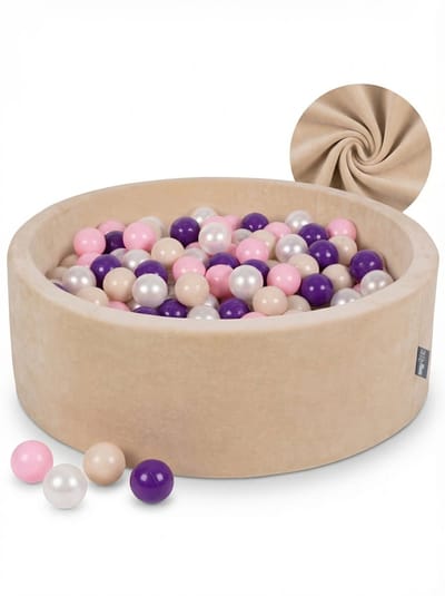 KiddyMoon Ballenbak fluwelen 90x30cm met 200 ballen - Zacht Velours Ballenbad - Ballenkuilen - Zand Beige