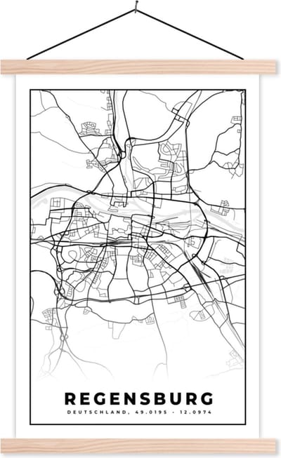 Posterhanger incl. Poster 40x60 cm - Schoolplaat - Regensburg - Kaart - Stadskaart - Plattegrond - Textielposter - Blanke latten - Stadskaart