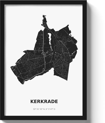 Poster Kerkrade A4 - 21 x 30 cm - Zwart/Wit Inclusief lijst (Zwart MDF)
