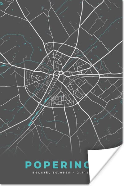 Poster Plattegrond – Poperinge – Blauw – Stadskaart - Kaart - België - 120x180 cm XXL