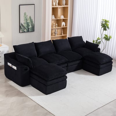 MODENUIT Hoekbank 335 x 167 cm - Modulair Met 2 Hockers En Zijvakken - Voor Woonkamer Of Kantoor - Cord Zwart