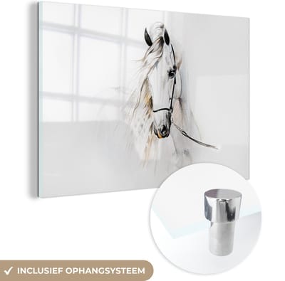 MuchoWow® Glasschilderij 60x40 cm - Schilderij acrylglas - Paard - Waterverf - Dieren - Wit - Foto op glas - Schilderijen