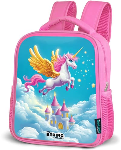 NoBoringSuitcases.com® - Rugzak roze - Schooltas meisjes - Vliegende eenhoorn met gouden vleugels boven kasteel - Kinder rugtas meisje - Boekentas kind - Kinderrugzak voor school - Schoolrugzak