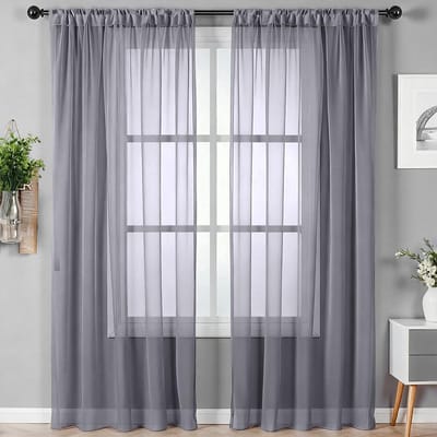 Set van 2 halve gordijnen met roede 142 x 230 cm wit grijs semi-transparant organza tule voor woonkamer
