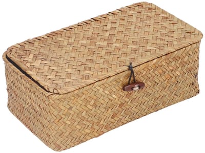 Dailygoods- Zeegrasmand met Deksel - Handgeweven Opbergmand - Bureau-Organizer - Grote Capaciteit - Stofdicht Ontwerp - Zacht Materiaal