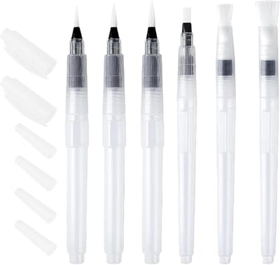 Set van 6 waterkwasten voor aquarel, lichtgewicht en duurzaam, ideaal voor schilderen onderweg en creatief gebruik