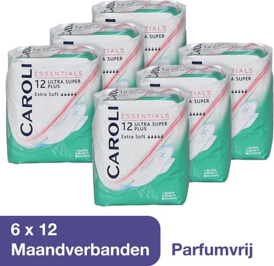 Caroli Maandverband Voordeelverpakking - 72 stuks Ultra Super Maandverband met Vleugels - Parfumvrij - 100% bescherming - Snelle Absorptie - Soft & Dry Toplaag - Dermatologisch Getest - 10 cm x 29 cm - Nordic Swan Ecolabel