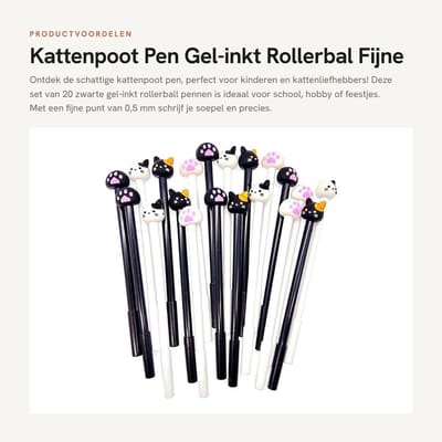 Dailygoods- Kattenpoot Pen - 20x Zwarte Gelpen - Fijne Punt 0,5mm - Rollerbalpen - Schrijfbenodigdheden - Perfect Cadeau voor Kinderen