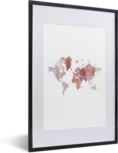 Poster in lijst - Fotolijst 40x60 cm - Posters - Wereldkaart - Steen - Rood - Wit - Posterlijst zwart - Decoratie - Wanddecoratie woonkamer - Muurdecoratie slaapkamer