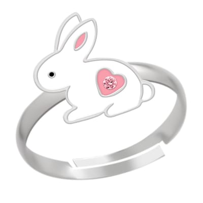 Zilveren meisjesring - konijntje - roze hartje - kristal