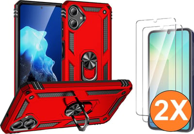 Hoesje Geschikt voor Samsung Galaxy A06 Hoesje Rood Anti-Shock Hybrid Armor hoesje Met Draaibare Ring Houder - Samsung A06 Screenprotector 2 pack