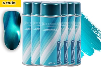 Spuitverf 6-Pack Turquoise Metallic Spuitverf | 2400ml (6x 400ml) | Sneldrogend | Met Transparante Vernislaag | Geschikt voor Metaal, Hout en Plastic | Ideaal voor Binnen en Buitengebruik