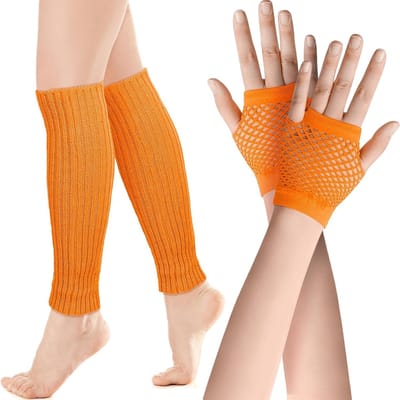 Neon Legwarmers en Net Handschoenen Set voor 80s Kostuumaccessoire in Oranje - One Size, Retro, Feestoutfit