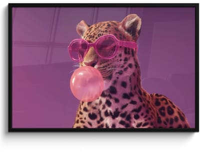 Poster in lijst - Fotolijst 120x80 cm - Posters - Panter - Zonnebril - Kauwgombel - Roze - Posterlijst zwart - Decoratie - Wanddecoratie woonkamer - Muurdecoratie slaapkamer