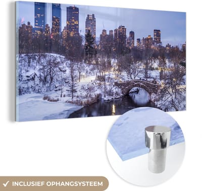 MuchoWow® Glasschilderij 40x20 cm - Schilderij acrylglas - New York - Central Park - Winter - Foto op glas - Schilderijen