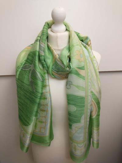 Lange dames sjaal Bea fantasiemotief groen lime blauw beige bruin wit geel