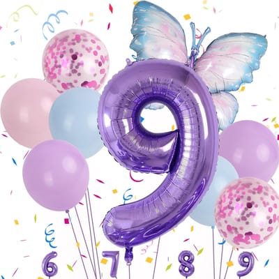 Dailygoods- Vlinderballondecoratie 9-jarige set - Verjaardagsdecoratie - Ballonnen - Veiligheidswaarschuwing - Niet geschikt voor kinderen jonger dan 3 jaar - Ca. 90% opgeblazen - Verjaardagsballonnen